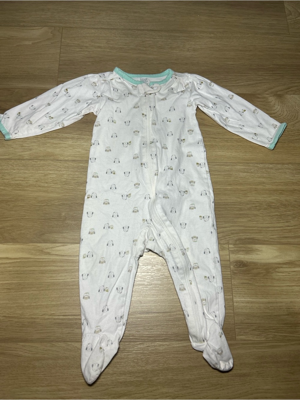 Carter's White Footed One-Piece with Mint Trim and Tiny Animal Print